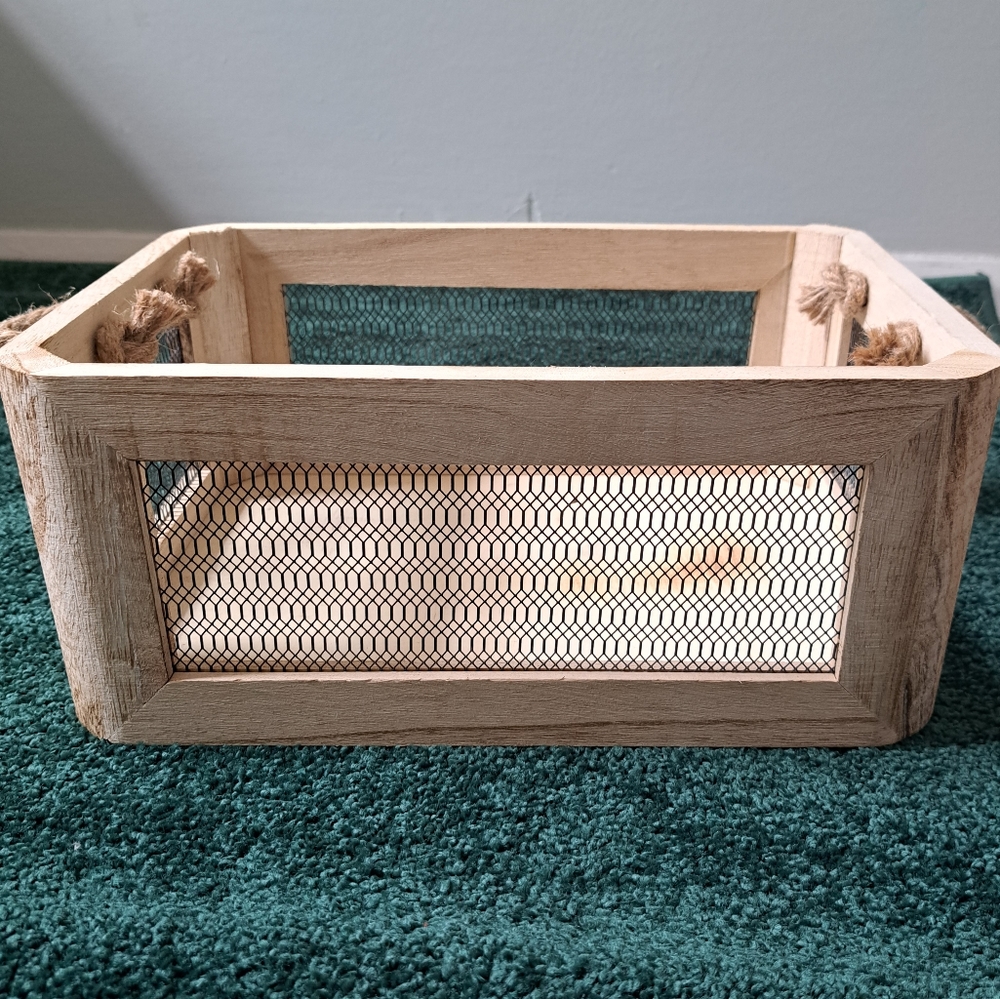 Wooden organizer bin/basket with metal weaving.